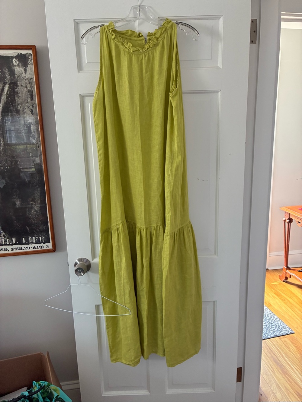 Linen Ruffle Neck Sleeveless Maxi Dress in Lime Green
